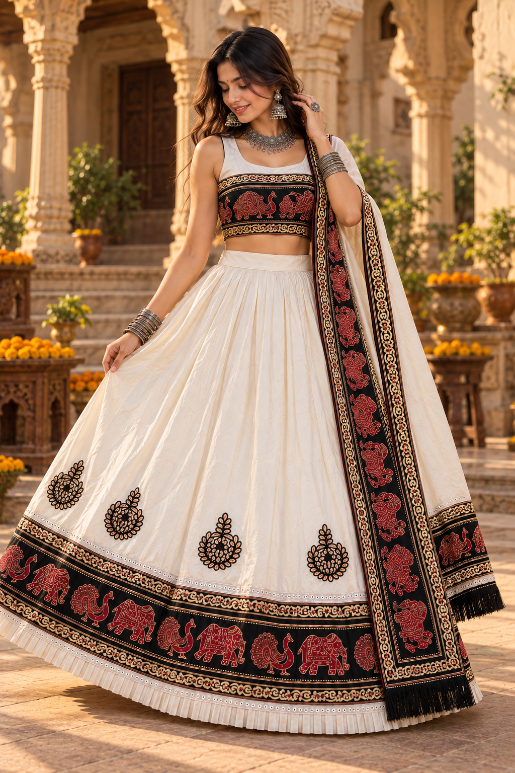 Ivory Folk Border Lehenga