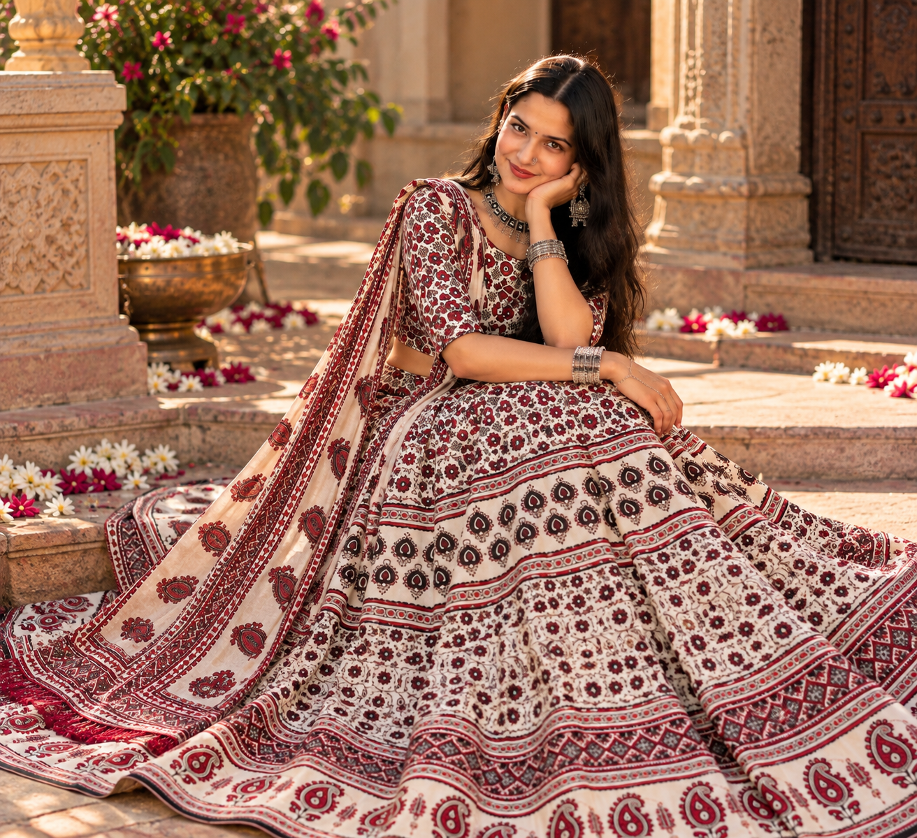 Beige Printed Lehenga